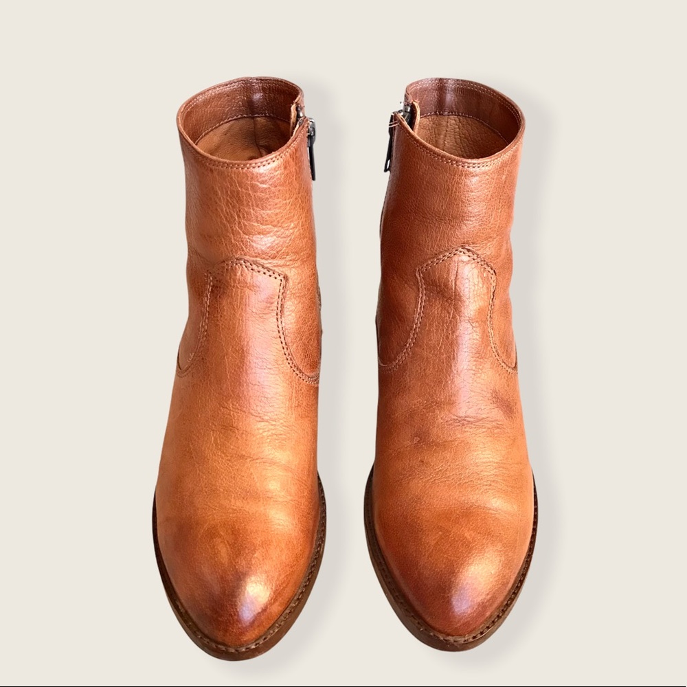 Frye Brooke Short Cognac Genuine Leather Inside Zip Classic Comfy Ankle Booties - Picture 6 of 12